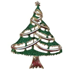 Vintage Christmas Tree Brooch Green Enamel Holiday Pin Gold-Tone Festive Jewelry
